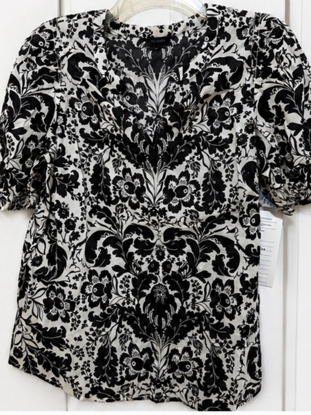 Talbots Black & White Floral Puff-Sleeve Blouse